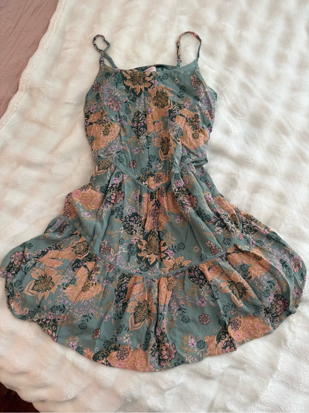SO Sage Green Floral Tiered Mini Dress with Pink & Yellow Accents